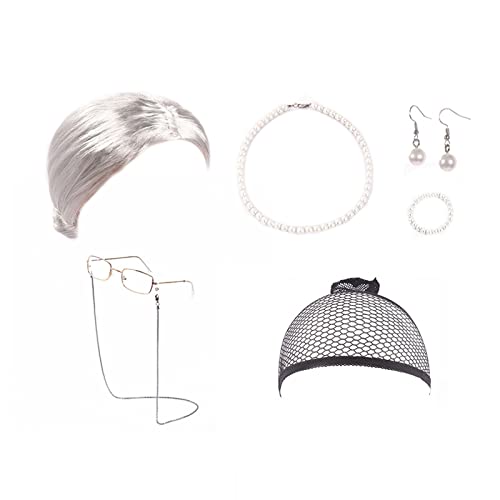Bunte Extensions Strähnen Echthaar Kostüm für Frauen Oma Perücke Mütze Brille Kette Perlenkette Ohrring Armband (7 Stück) Capsaicin Caps (Silver, One Size) von Junhasgood