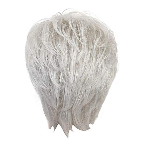 Echthaar Perücke Herren Kurz Perücke Damen Grau Haarschmuck Schutzhülle Kopfbedeckung Party Perücke Silber Grüne Perücke Cosplay (White-A, One Size) von Junhasgood