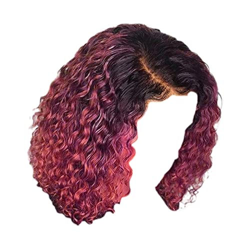 Frauen weinrotes brasilianisches kurzes gewelltes lockiges Scheitel-Hochtemperatur-Faser-Perücke-Haar Geisha Kostüm Damen Blau (Red-d, One Size) von Junhasgood