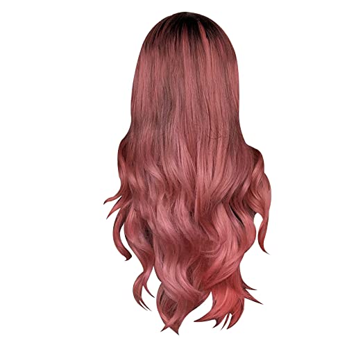 Gewellte Perücken Mit Dunkle Perücken für Frauen Perücke Damen Synthetische Kunstfaser Locken Perücken für Frauen Langanhaltend Lip für Cosplay und Täglichen Gebrauch (1-Pink, One Size) von Junhasgood