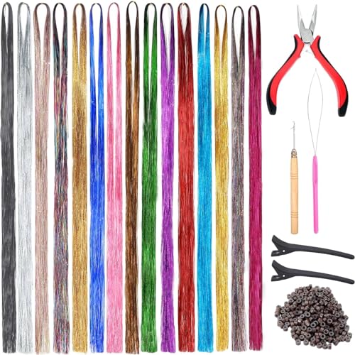 Junhasgood Haarnetz Purl mit Werkzeug 15PC Haarverlängerung Purl Kit Glitzer Haarverlängerungen für Frauen Mädchen Haarschmuck Silber Perücke (Hot Pink, One Size) von Junhasgood