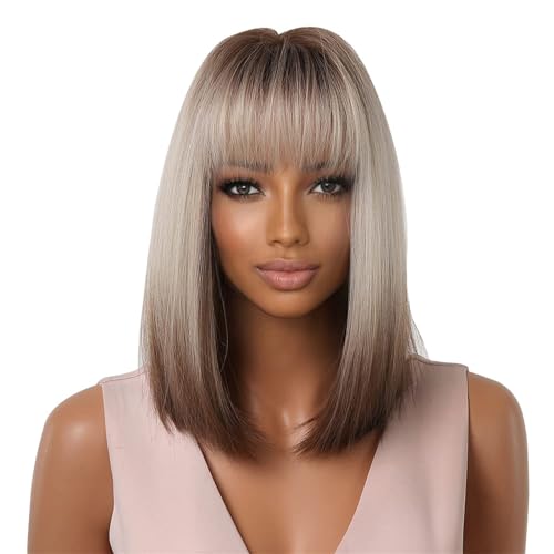 Haarteil Zopf Style Damen-Perücke, gerade, Farbverlauf, Grau, kurzes Haar, Stirnband synthetischen Fasern Haarnetz (White, One Size) von Junhasgood