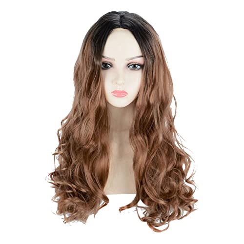 Hellgoldener wig Natürliches Schwarz-Farbverlauf, Mittelscheitel, lange, lockige Hochtemperatur-Seidenperücke für Frauen Perücken Männer Frisuren (Brown #7, One Size) von Junhasgood