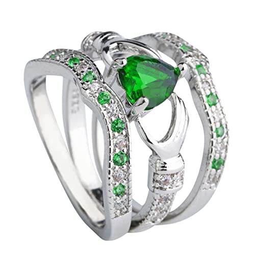 Junhasgood Der Ringe Trilogie Bücher Herz Claddagh Fashion Ring Hochzeit Amethyst Silber 3er Set Schmuck Ringe Doppel Ringe Halskette (Green, 6) von Junhasgood