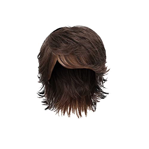 Perücke Glatze Men 's Perücke Brown kurze Schicht natürliche Welle synthetische männliche Perücken mit schwarzem Cosplay Kostüm Langhaarperücke Schwarz Glatt (black-10, One Size) von Junhasgood