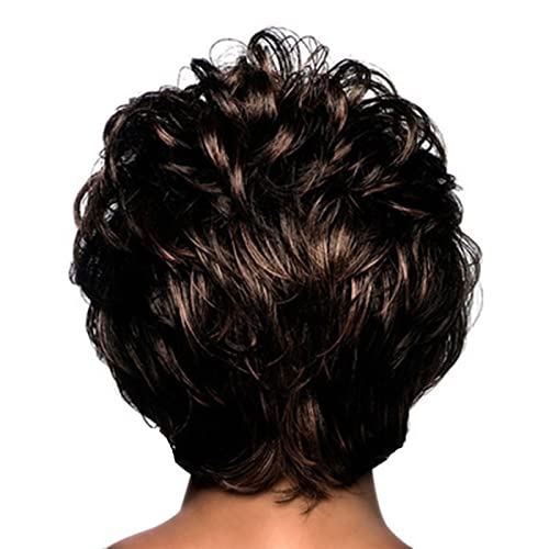 Schwarze Locken Perücke Herren Schräger, flauschige und farbige, kurze, lockige Haare, Kopfhörer für Frauen, gewelltes, kurzes, lockiges Haar, geeignet für Damenperücken Perücke (F-Brown, One Size) von Junhasgood