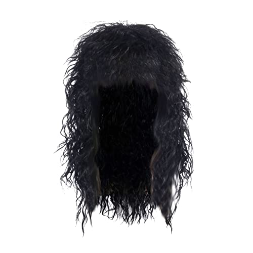 Schwarze Perücke Halloween-Kostüm Männerperücke Punk Curly Long Perücken Kappe (Black-D, One Size) von Junhasgood
