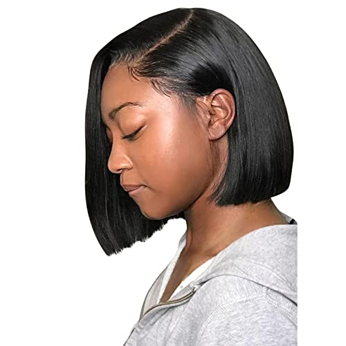 Short Bob Echthaar Perücken 25 cm mittellange Perücken für schwarze Frauen kurze Schnitte Perücken für schwarze Frauen mittellange gerade schwarze Damen Straight Lace Front Wigs (Black #1, 12) von Junhasgood