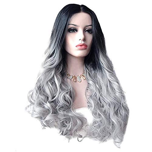 Wig with Baby Hair Brazilian Remy Hair Sexy Frauen Langes Haar Schwarz Farbverlauf Große Welle Lange Lockige Perücken Rosennetz Hochtemperatur Synthetisches COSPLAY Fotografie Party (3-Grey, One Size) von Junhasgood