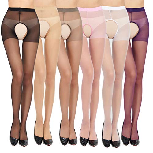 Junhouse 6 Paar Frauen sexy Strumpfhosen Oberschenkel-Hohe Strümpfe geöffnete Gabelungs-Strumpfhose shiny silk Stockings Strapsstrumpfhose von Junhouse