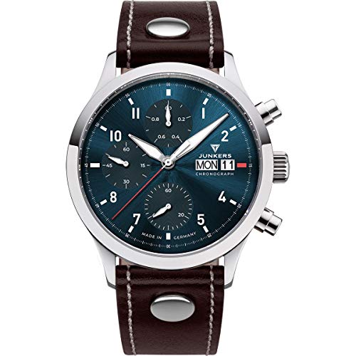 Junkers Cockpit Analog Quarz Flieger Uhr Chronograph Lederarmband Saphirglas blau 9.14.01.12 von Junkers