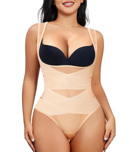 Junlan Body Shapewear Damen Bauchweg Bodysuit Figurenformend Damen Body Shaper Formbody Miederbody Taillenformer Damen Bauchweg Body (Beige mit String, L) von Junlan