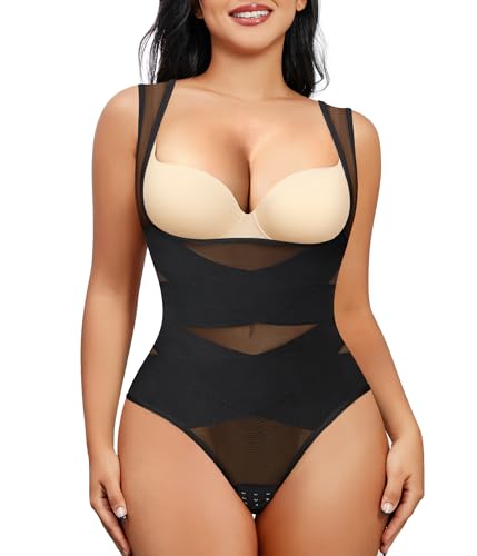 Junlan Body Shapewear Damen Bauchweg Bodysuit Figurenformend Damen Body Shaper Formbody Miederbody Taillenformer Damen Bauchweg Body (Schwarz mit String, M) von Junlan