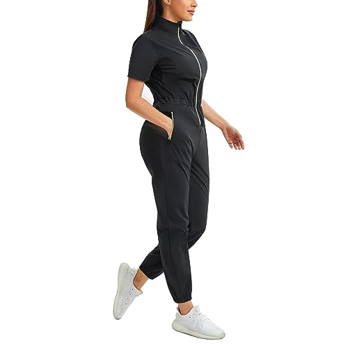 Junlan Saunaanzug für Damen, einteilig, Ganzkörper-Shaper, Schwitzanzug, Stehkragen, Wärmespeicherung, Shirt für Damen, Workout, Sport, schwarz, Medium von Junlan