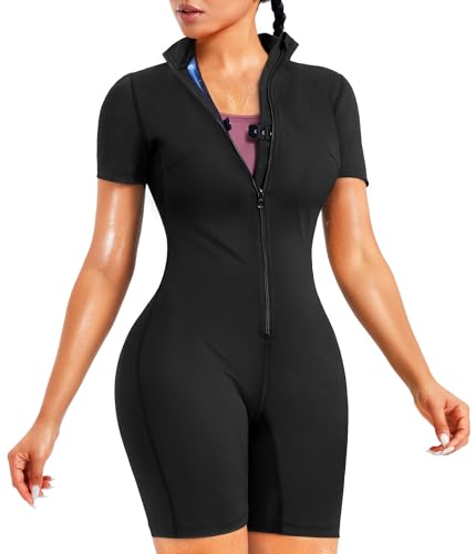 Junlan Saunaanzug für Frauen Ganzkörper-Jumpsuit Taille Trainer für Frauen Bauchfett Workout Schweißanzug, Schwarz, Medium von Junlan