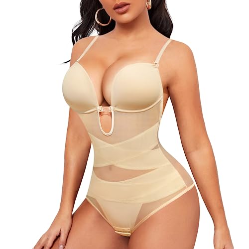 Junlan Shapewear Body Backless Bodysuit mit Eingebauter BH Body Shaper Damen Shapewear Damen Bauchweg Stark Formend Niedriger Rücken (Beige, XL) von Junlan