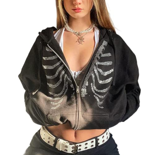 Damen Y2K Aesthetic Hoodie Grafik Skelett Strass Kapuzenpullover Vintage Zip Up Sweatshirts E-Girl 90er Streetwear Jacke (Z-Schwarz, M) von Junliber