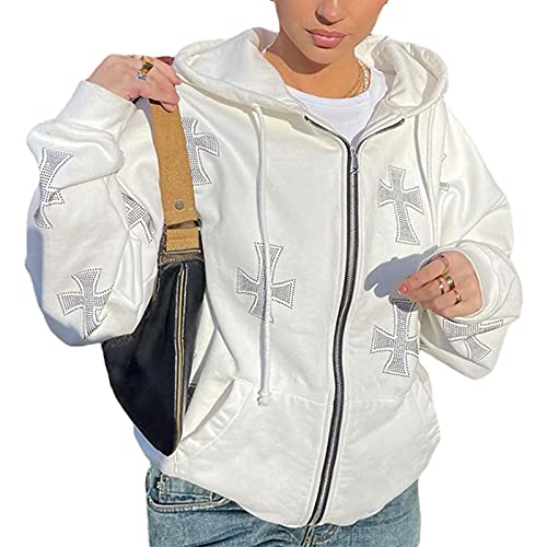 Damen Zip Up Hoodie Y2k Aesthetic Cross Strass Kapuzenpullover Oversized Sweatshirts Jacke E-Girl 90er Vintage Streetwear (Weiß, S) von Junliber