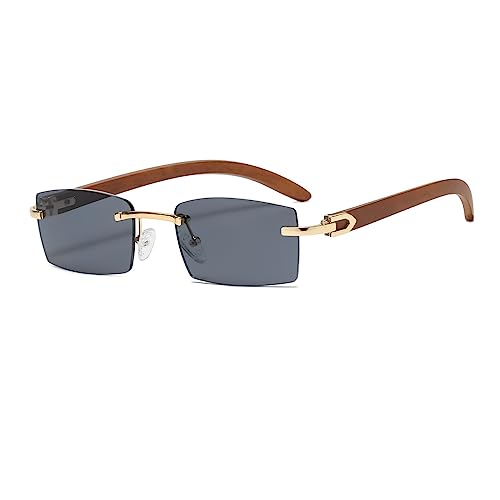 Junsika Randlose Rechteckige Holz Sonnenbrille für Herren und Damen Klassische Retro Holz Schwarz Sonnenbrille UV400 Schutz von Junsika