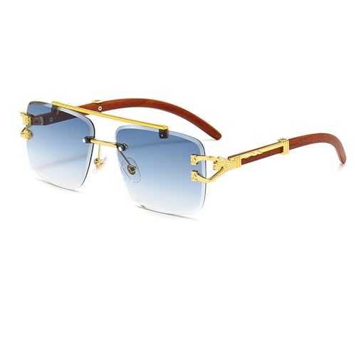 Junsika Übergroße Randlose Quadratische Sonnenbrille für Herren und Damen Klassische Retro Designer Holzimitat Blau Sonnenbrille von Junsika