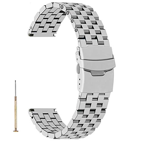 Edelstahl-Uhrenarmband 20mm 22mm 24mm Schraubbefestigung Metallglieder Uhrenarmband Faltschließe Ingenieur-Uhrenarmbänder für Herren und Damen schwarz silber (24mm, Silber) von Juntan