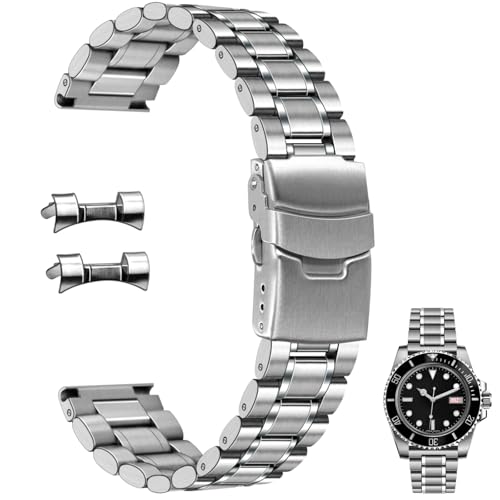 Juntan 22mm Edelstahl Uhrenarmband, Gebogenes Ende Gerades Ende für Männer Frauen, Metall Uhrenarmbänder Armband Schnellspanner Ersatzarmband mit doppelter Faltschließe Silber von Juntan