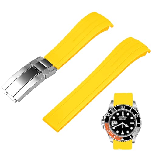Juntan 18mm 20mm 22mm Gebogenes Ende Kautschuk Uhrenarmband, Verjüngtes Silikon Gebogenes Ersatz Uhrenarmbänder für Männer Frauen mit Klassischer Tauchschnalle (Gelb, 20mm) von Juntan