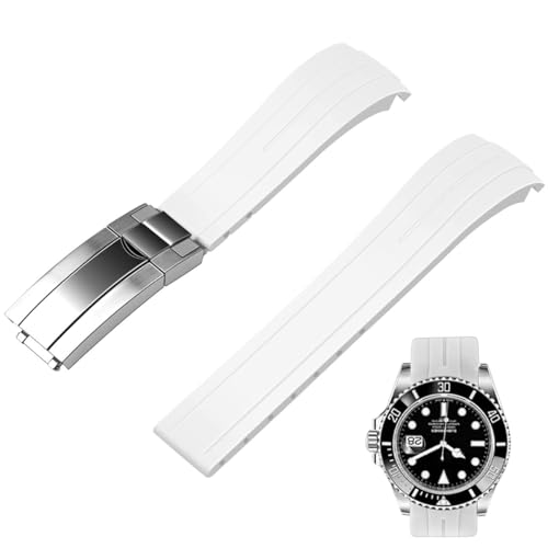 Juntan Kautschuk Uhrenarmband 20mm Gebogenes Ende, Verjüngtes Silikon Gebogenes Ersatz Uhrenarmband für Männer Frauen mit klassischer Tauchschnalle Weiß von Juntan