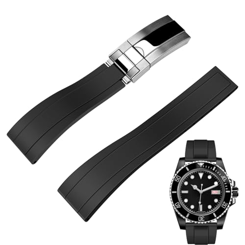 Juntan 22mm Uhrenarmband Kautschuk für Männer Frauen, Smartwatch Uhrenarmbänder Fluorkautschuk Silikon Gummi Armband Schwarz mit klassischer Diving Style Faltschließe von Juntan
