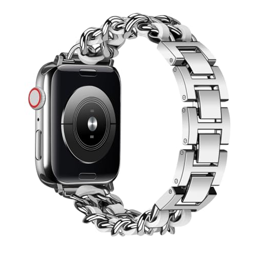 Juntan Edelstahl mit Leder Armband Kompatibel für Apple Watch Armband 41mm 40mm 38mm, Metallkette Verstellbare Armband für Ultra 2 1/Ultra 49mm Serie 9 8 SE 7 6 5 4 3 2 1 iWatch Bands Silber-Weiß von Juntan