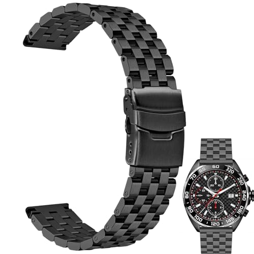 Juntan Flexible Armband Edelstahl 24mm Uhrenarmband Anständiges Armband für Männer Frauen Armbänder Schwarz Metall Uhrenarmbänder Taucherverschluss von Juntan