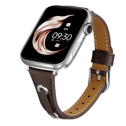 Juntan Leder-Uhrenarmband für Apple Watch, 38 mm, 40 mm, 41 mm, 42 mm, 44 mm, 45 mm, echtes Leder, Vintage-Uhrenarmband mit Edelstahl-Schnalle für iWatch (38 mm/40 mm/41 mm, braun-silberne Schnalle) von Juntan
