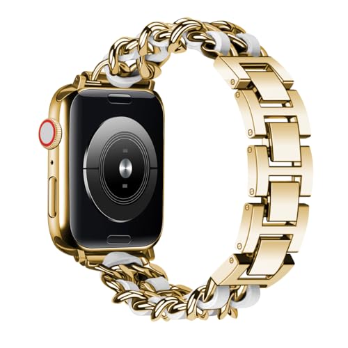 Juntan Edelstahl mit Leder Armband Kompatibel für Apple Watch Armband 41mm 40mm 38mm, Metallkette Verstellbare Armband für Ultra 2 1/Ultra 49mm Serie 9 8 SE 7 6 5 4 3 2 1 iWatch Bands Gold-Weiß von Juntan