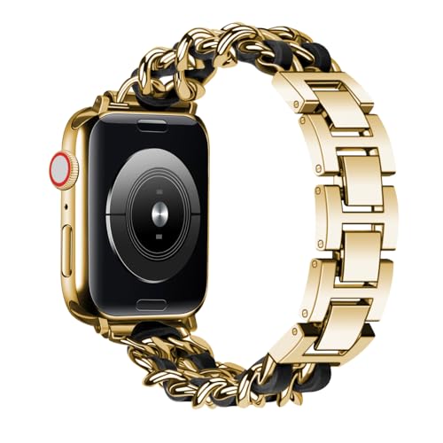 Juntan Edelstahl mit Leder Armband Kompatibel für Apple Watch Armband 49mm 45mm 44mm 42mm, Metallkette Armband für Ultra 2 1/Ultra 49mm Serie 9 8 SE 7 6 5 4 3 2 1 iWatch Bands Gold-Schwarz von Juntan