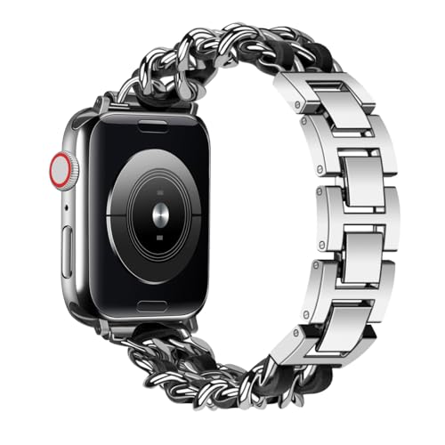 Juntan Edelstahl mit Leder Armband Kompatibel für Apple Watch Armband 49mm 45mm 44mm 42mm, Metallkette Armband für Ultra 2 1/Ultra 49mm Serie 9 8 SE 7 6 5 4 3 2 1 iWatch Bands Silber-Schwarz von Juntan