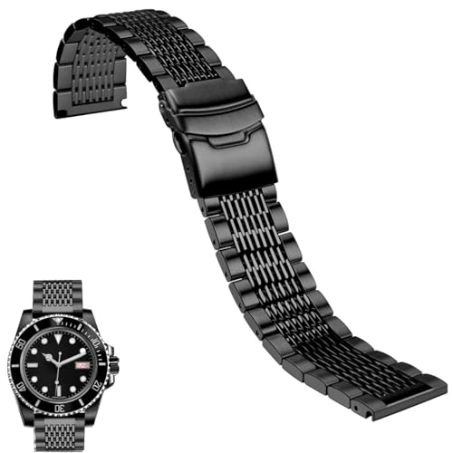 Juntan Edelstahl Uhrenarmband Schnellspanner, 18mm 20mm 22mm 24mm Metall Uhrenarmbänder Armbänder für Männer Frauen, Verstellbares Business Uhrenarmband Silber Schwarz mit Doppelfaltschließe von Juntan