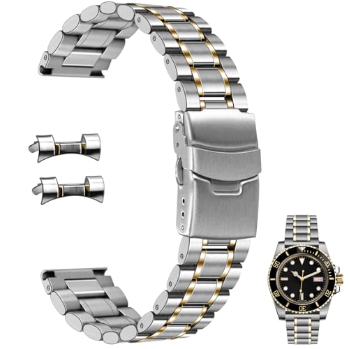 Juntan Metall Uhrenarmband 22mm Gebogenes Ende Derades Ende für Männer Frauen Edelstahl Uhrenarmbänder Armband Schnellspanner Ersatzarmband mit Faltschließe Silber Gold von Juntan