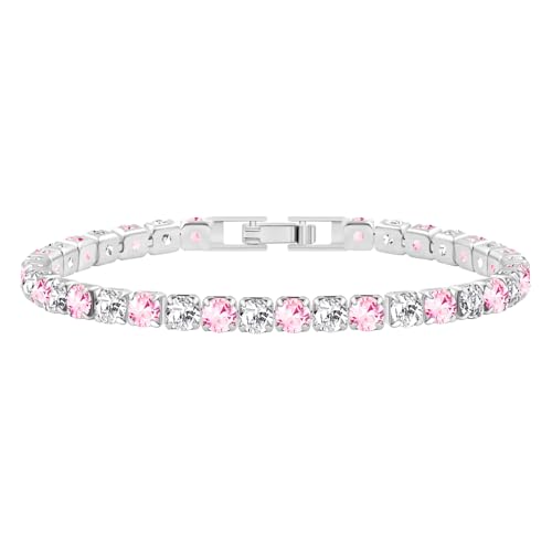 JunyiDIY 19 cm rosafarbenes und weißes Cubic Zirconia Tennisarmband für Frauen - hypoallergener Messingschmuck, Diamantschliff-Simulation für Töchter und beste Freundinnen von JunyiDIY