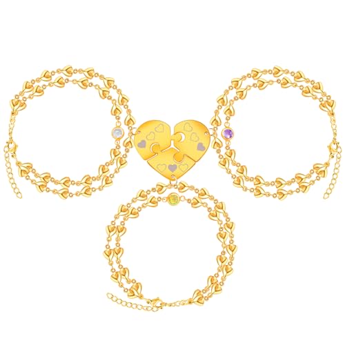 JunyiDIY 3 Stück Liebe Herz Kette Armband Set für Damen Abschlussgeschenk Herz Puzzle Freundschaft Personalisiertes Armband Name 3 Personalisierte Armbänder Beste Freunde Familie Liebe Schmuck, von JunyiDIY