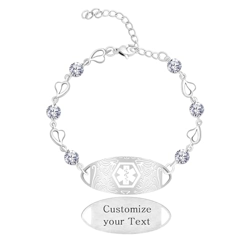 JunyiDIY Anpassbares medizinisches Armband mit Herzkette und weißem Zirkon, verstellbarer Notfallschmuck für Schwestern und Geburtstagsgeschenke von JunyiDIY