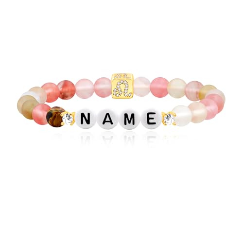 JunyiDIY Benutzerdefinierter Name & Sternzeichen Wassermelonenstein Armband, Handgemachte Elastische Perlen Mit 12 Sternzeichen Für Beste Freundin Geburtstag Akademische Feier von JunyiDIY