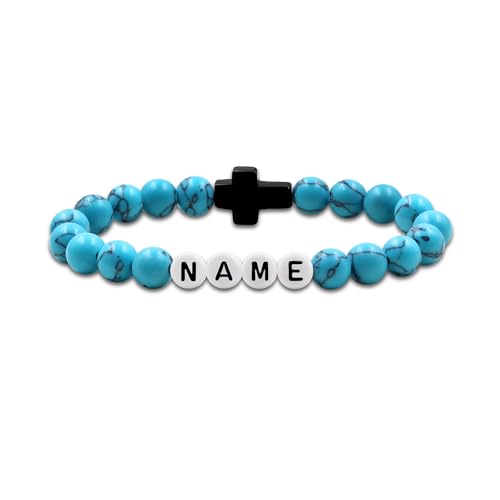 JunyiDIY Blau Türkis Perlen Kreuzanhänger Armband Für Männer – Personalisierte Anfangsbuchstaben Schmuck Symbolisiert Hoffnung Für Freund Cousin Onkel Weihnachten Ostern Gebet YA5640 von JunyiDIY