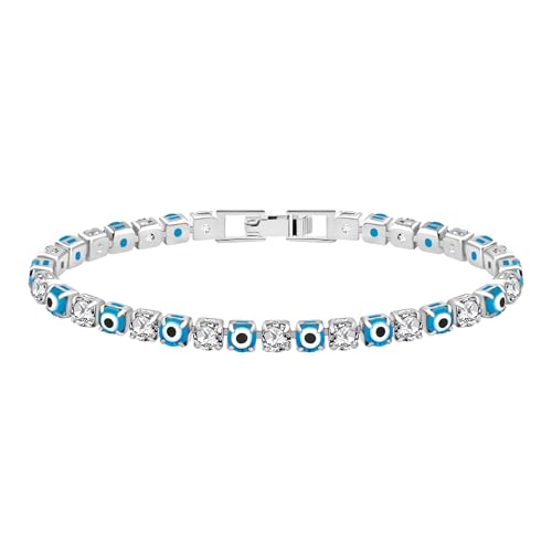 JunyiDIY Blaues Böses Auge Tennis Armband, Silber Faltschließe Schutz Amulett Zirkonia Kristall Stilvolles Schmuck Für Mutter 6.7" von JunyiDIY