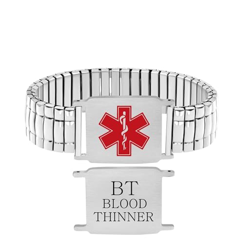 JunyiDIY Blutverdünner Breites Dehnbares Medizinisches Notfallarmband Kostenlos Gravur Wasserdicht Hypoallergen mit Rotem Symbol für Damen Herren Senioren von JunyiDIY