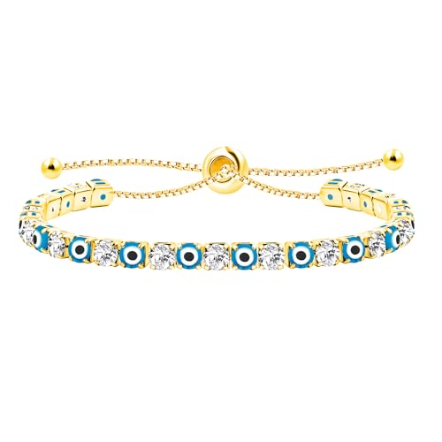 JunyiDIY Damen Blaues Böses Auge Wächter Tennis Armband, Vergoldet Verstellbarer Schieber Glücksbringer Amulett Stapelbares Geschenk Schmuck YA5609 von JunyiDIY