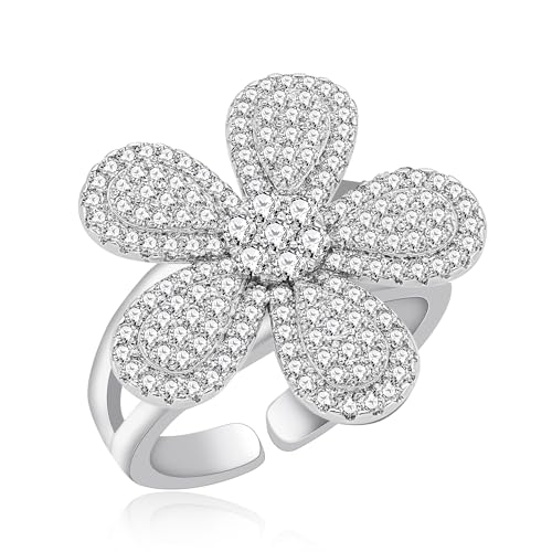 JunyiDIY Damen Floraler Kristall Statement Ring, Verstellbarer Cz Blumen Schmuck Eleganter Messingring Für Ehefrau Partys & Geschenke YA6263 von JunyiDIY