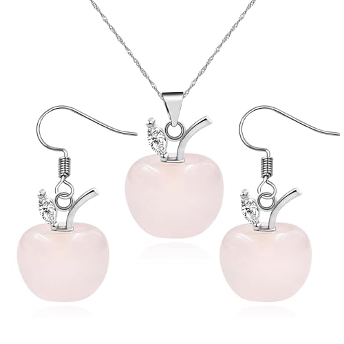 JunyiDIY Damen Rosa Rosenquarz Anhänger Halskette und Ohrring Set | Platinbeschichteter Modeschmuck Nachdenkliches Freundschaftsgeschenk für Schwestern Beste Freundin Geburtstag von JunyiDIY