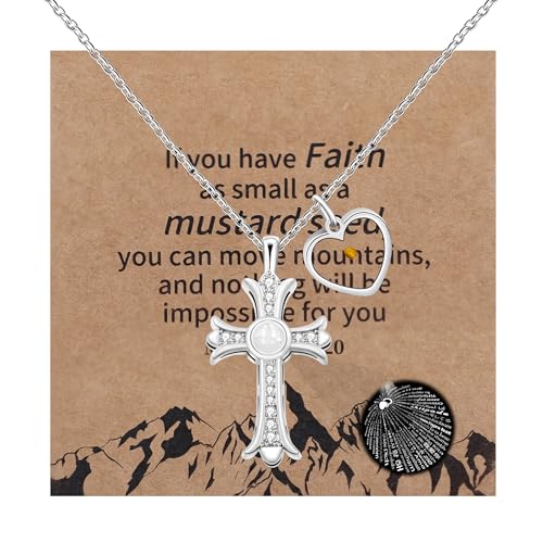 JunyiDIY Elegante religiöse Kreuzhalskette: 100 Sprachen „Ich liebe dich“ Projektion mit Herz-Senfkorn-Charm – Perfektes christliches zur Erstkommunion von JunyiDIY