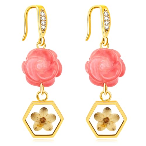 JunyiDIY Frauen Ohrhänger mit Senfsamen und pinkem Wassermelonenstein-Blume | Religiöser und modischer Schmuck für beste Freundinnen Schwestern | Elegantes Edelstein-Design von JunyiDIY