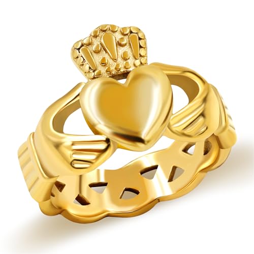 JunyiDIY Goldplattierter Claddagh Keltischer Knoten Ring - Eleganter Edelstahl Schmuck für Ehefrau Ehemann Eltern an Geburtstagen Erntedankfest (Größe 7) von JunyiDIY
